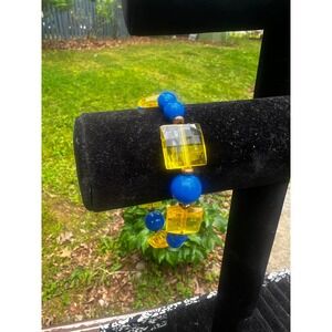 Vtg Retro Chunky Blue Yellow Beaded Stretch Bracelet Mod Pop Art Geometric Style